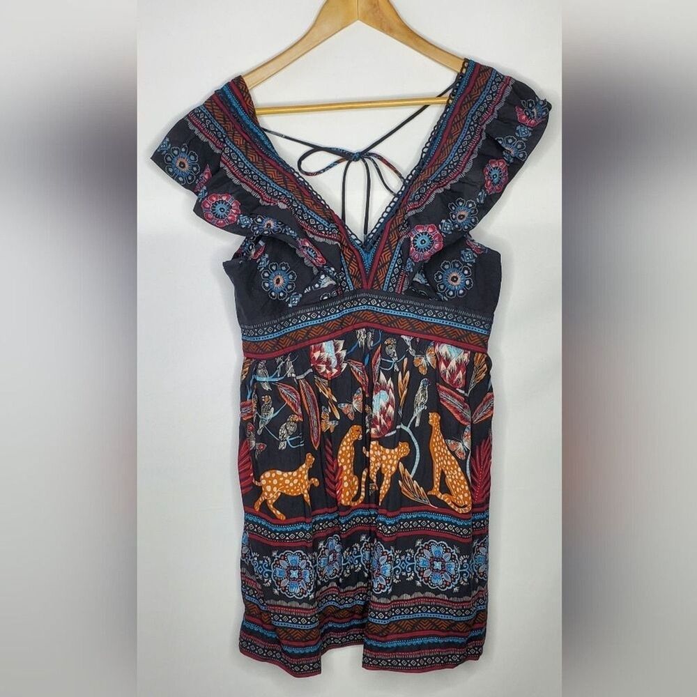 Anthropologie Plunge V-Neck Dress - Size XS - Black multicolor Bohemian Festival